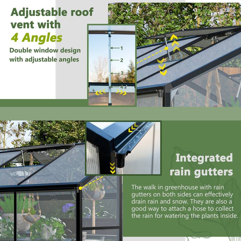 6x8 FT Greenhouse, Polycarbonate Greenhouse with Quick Setup Structure and Roof Vent, Aluminum Large Walk-in Greenhouse