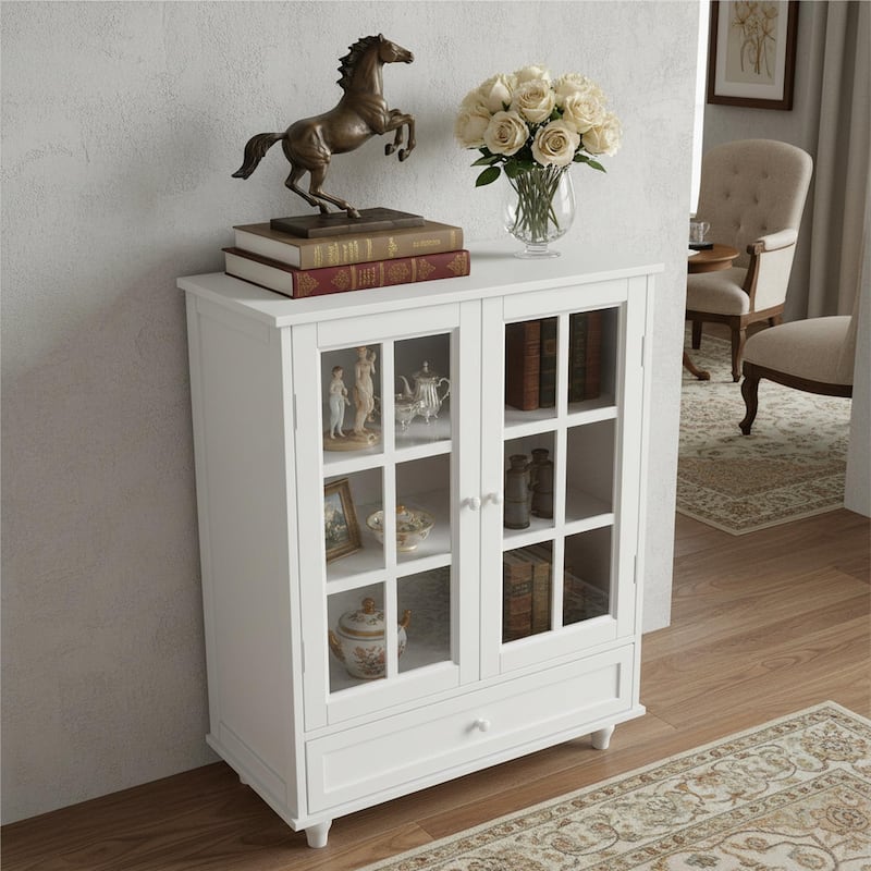 Homy Casa Minimalist Buffet Cabinet with Glass Doors & Drawer, Storage Sideboard, Kitchen Living & Dining Room Hallway Entryway