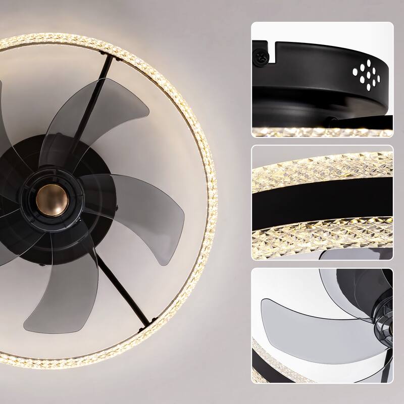 Modern Flush Mount Ceiling Fans with Lights, 20” Black Dimmable Low Profile Ceiling Fans with Remote and APP Control