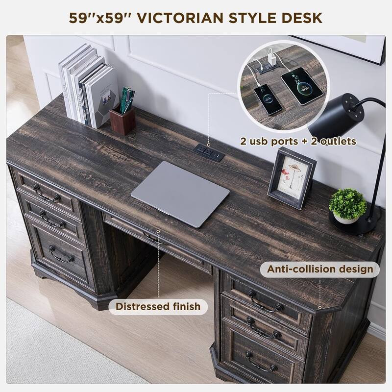 Farmhouse Executive Desk with Drawers, Wood Home Office Computer Desk