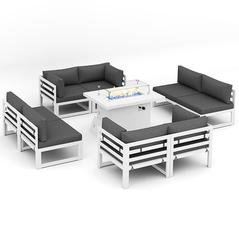 FINCATI 9-piece Extra-large Luxury Aluminum Patio Furniture Set with Deep Seating and Convertible 43'' Fire Pit Table