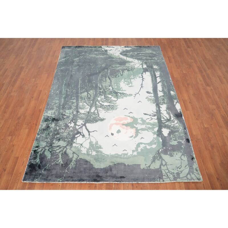Hand Knotted Oriental Viscose Silk Carpet Modern Pictorial Green Abstract Area Rug - 7' 10'' X 5' 9''