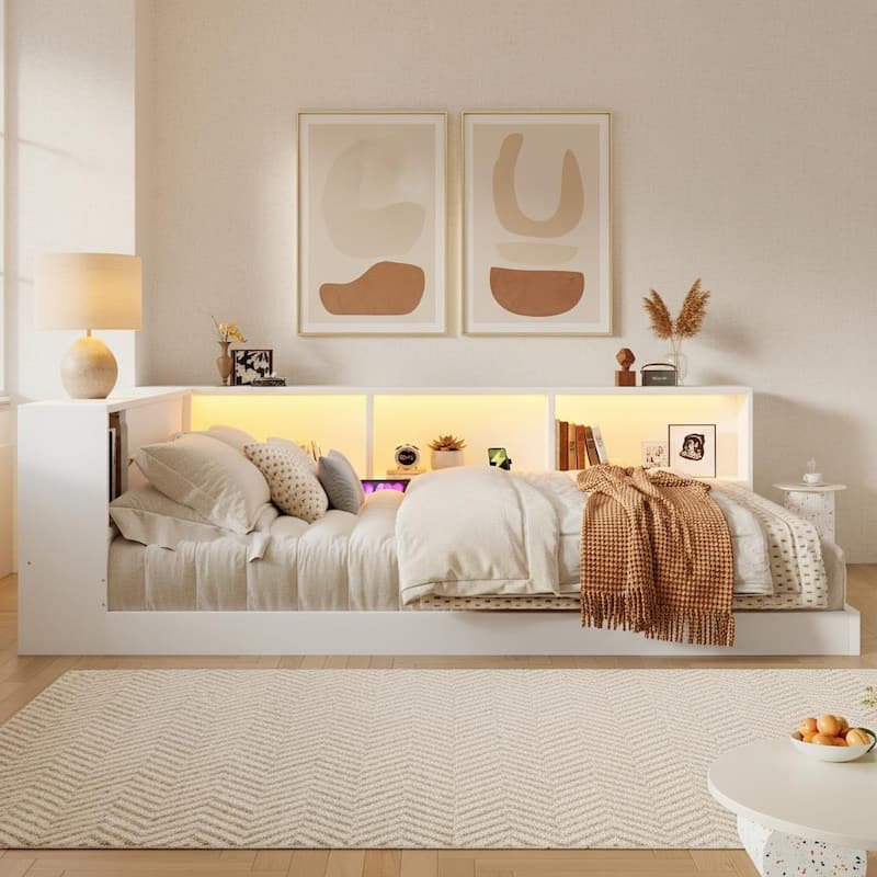 Queen L-Shape Storage Daybed with LED Shelf, Hidden Slide Cabinet & Built-In USB Power Hub by Harper&Bright Designs