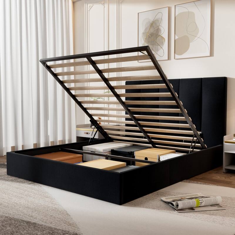 Modern Upholstered Lift-Up Storage Platform Bed with Headboard
