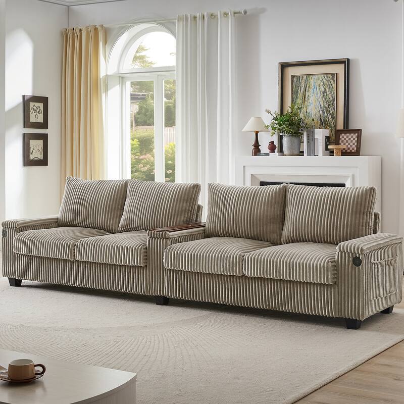 4-seater Brown Corduroy Sofa with Storage, Cup Holders, USB Ports, 133" Length