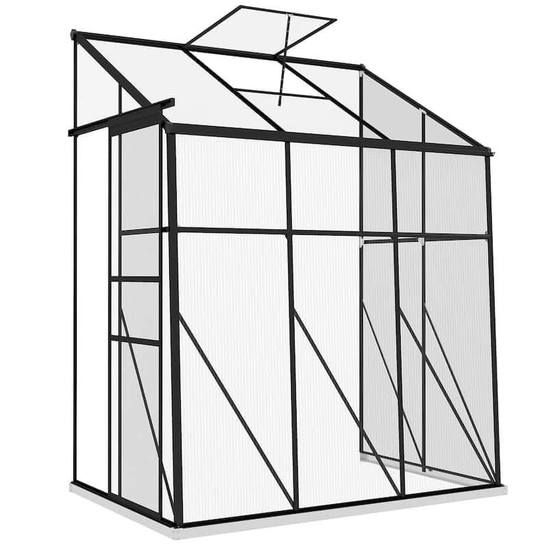 Outsunny 6' x 4' Lean-to Polycarbonate Greenhouse, Walk-in Hobby Green House with Sliding Door, 5-Level Roof Vent, Rain Gutter