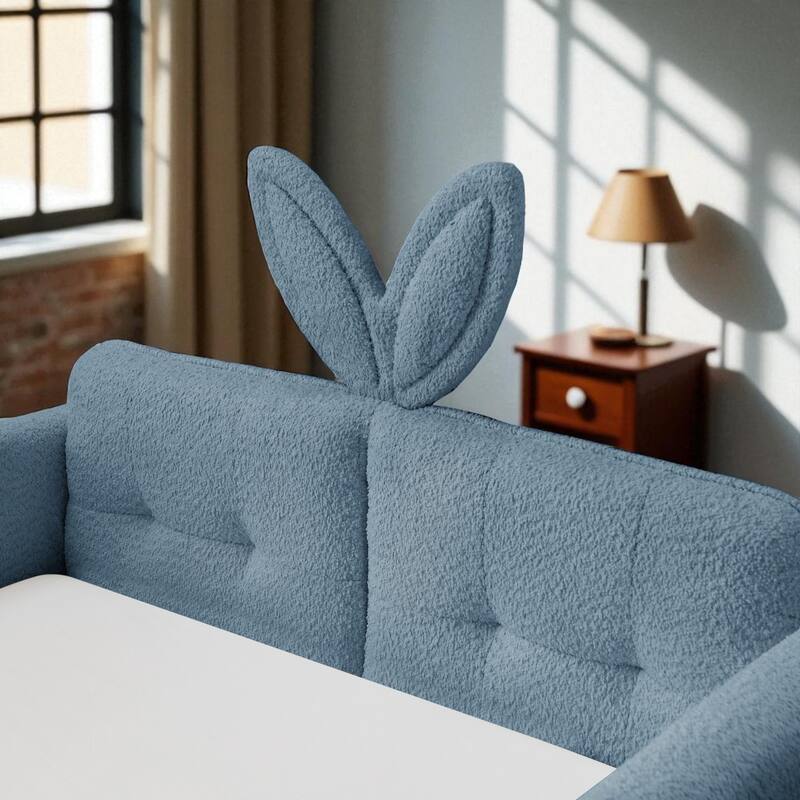 Twin Size Upholstered Platform Bed with Rabbit Ear Headboard, Boucle Fabric, Safety Rail and Storage Pocket for Kids