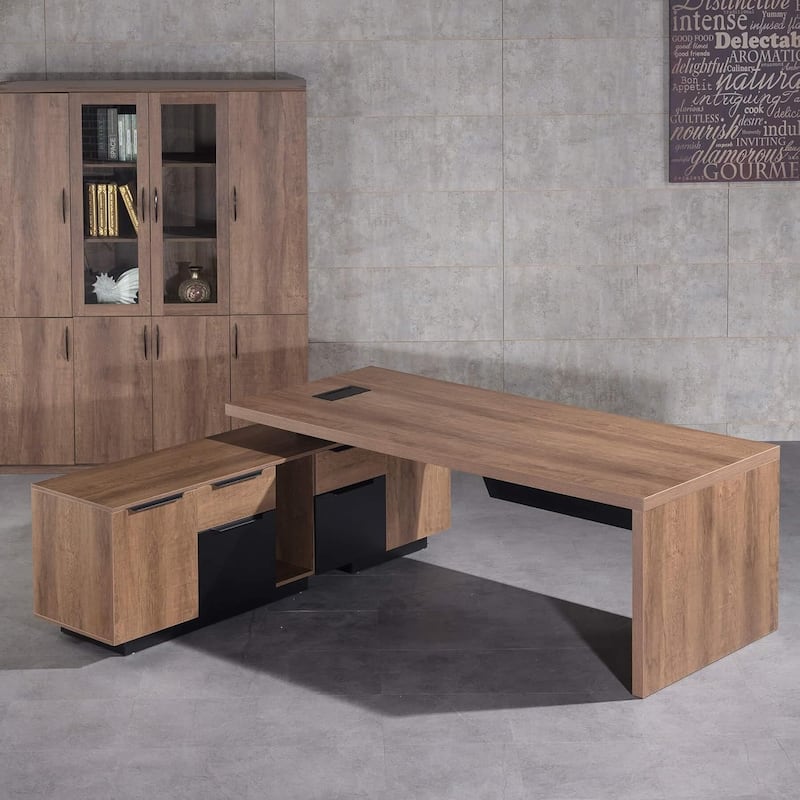 WESOME Retractable L-Shaped Executive Desk with Cable Management Drawers and Lateral File Cabinet