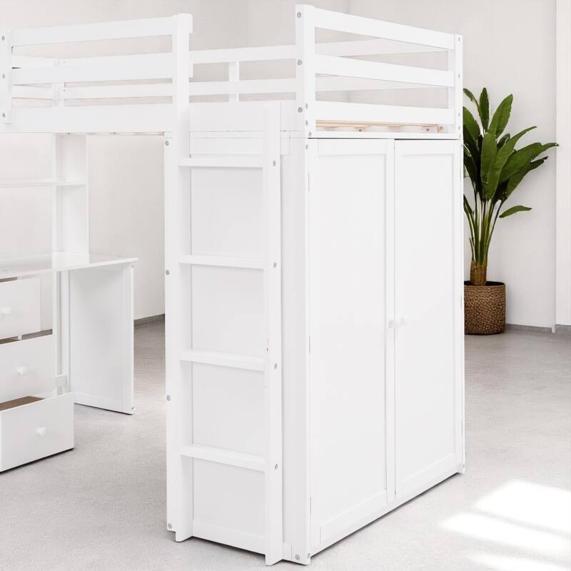 Wooden Twin/Full Loft Bed with Built-in Desk, Wardrobe Closet & Storage Drawers, Guardrail Design