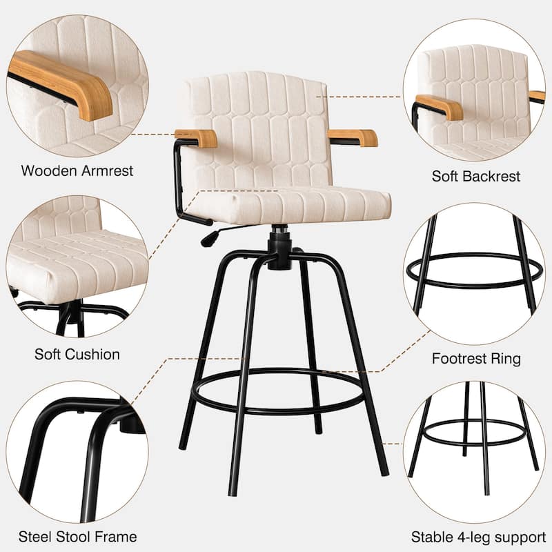 Javlergo Modern Upholstered Bar Stools with Backrest and Wooden Armrests Bar Height Stools with Metal Legs for Kitchen Dining