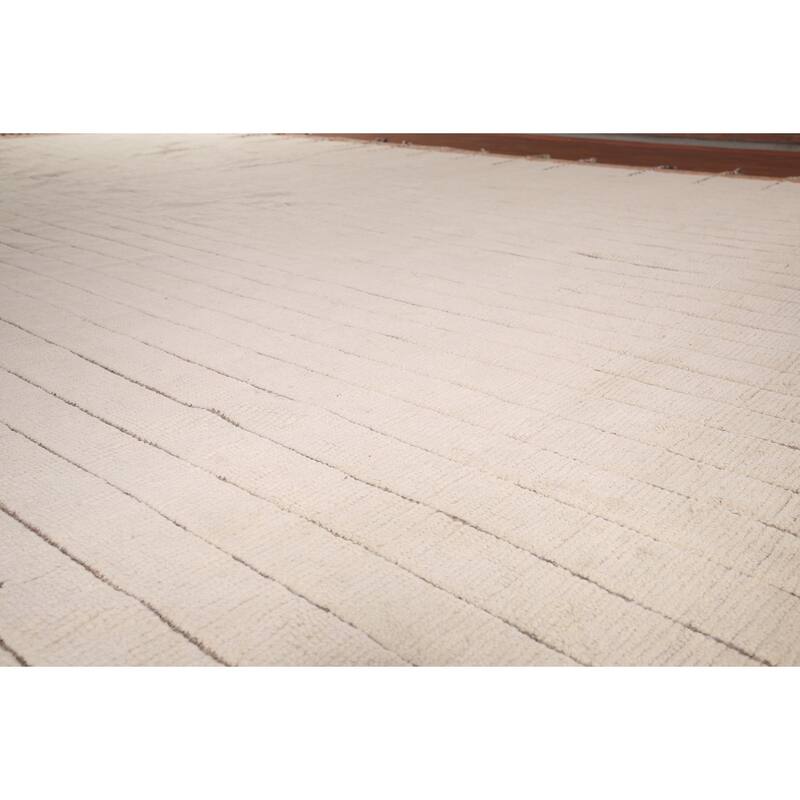 Striped Ivory Moroccan Palace Size Large Rug Hand-Knotted Wool Carpet - 14'2"x 21'6"