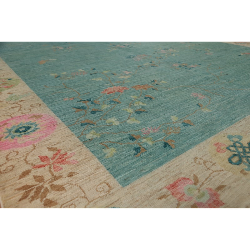 Hand Knotted Oriental 100% Wool Carpet Traditional Floral Navy Blue & Blues Art Deco Area Rug - 11' 10'' X 9' 1''
