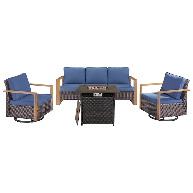 Pocassy Outdoor Fire Pit with 3-Seat Sofa Swivel Chairs Patio Furniture Set