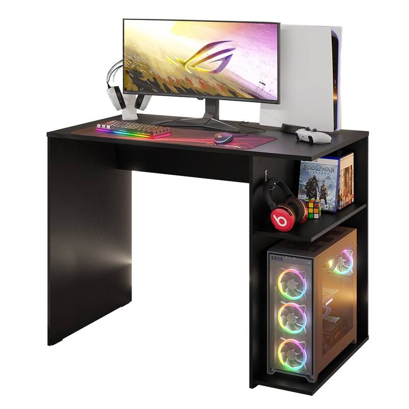 Madesa Gaming Computer Desk with 2 Shelves, Cable Management and Large Monitor Stand, Wood, 21" D x 39" W x 30" H - White