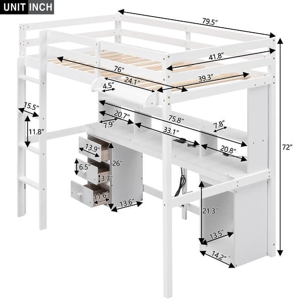 dimension image slide 1 of 2, Twin/Full Size Loft Bed with Multi-storage Desk, LED light and Bedside Tray, Charging Station, White