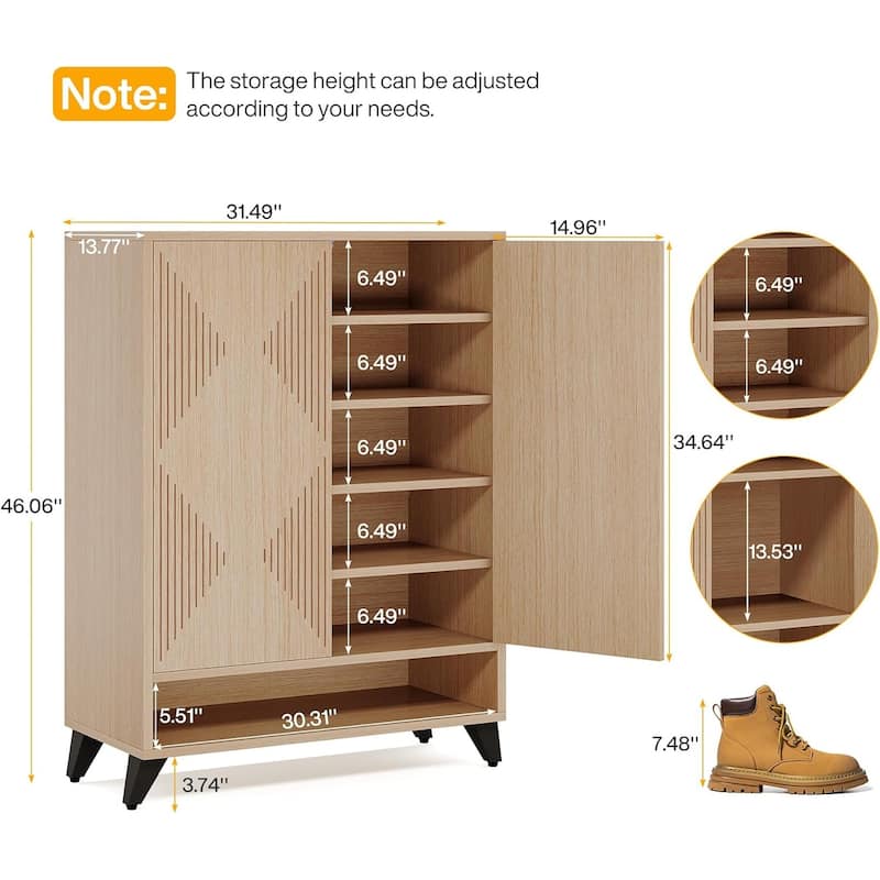 24 Pairs Large Wood Shoe Storage Cabinet with Doors for Entryway - 6-Tier