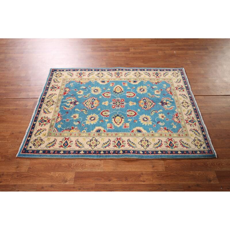 Light Blue Kazak Traditional Accent Rug Hand-Knotted Wool Carpet - 3'5" x 4'11"
