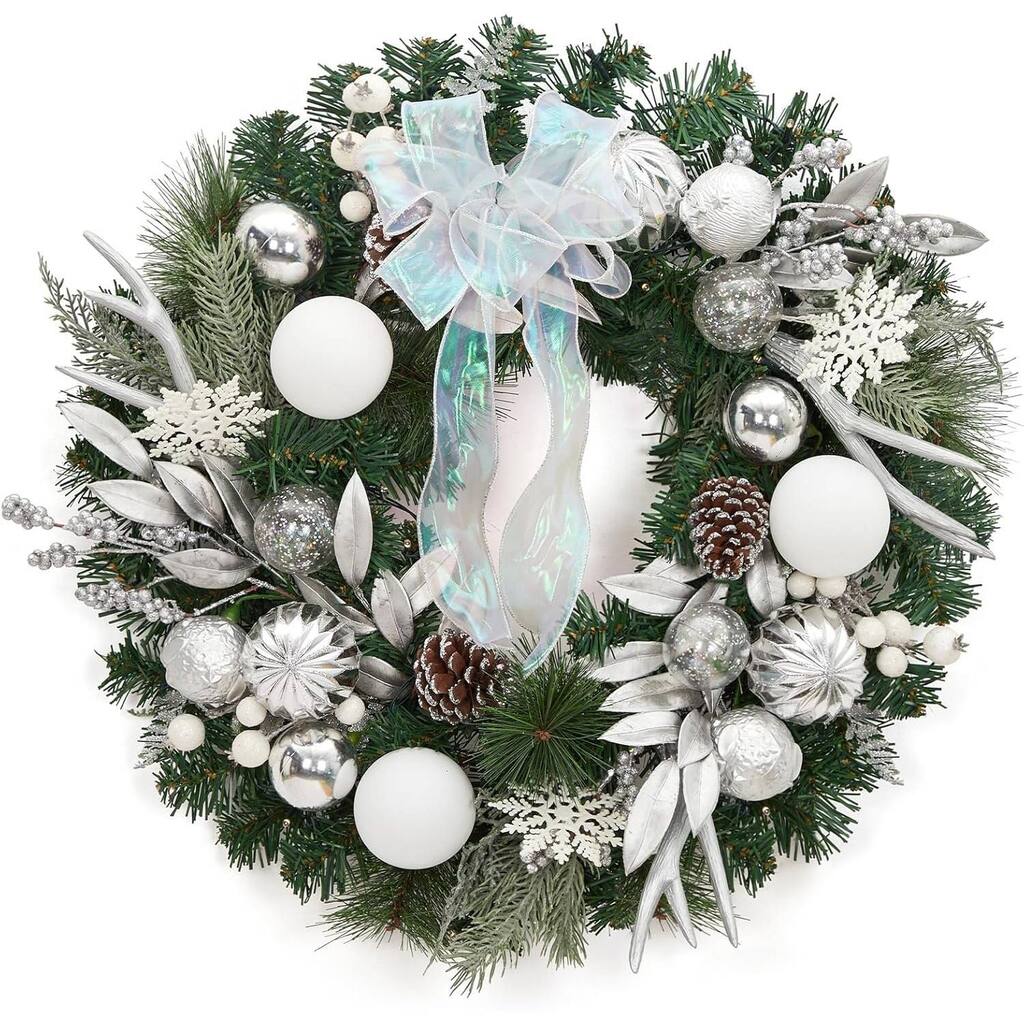 24" Pre-Lit Christmas Wreath for Front Door, Silver White