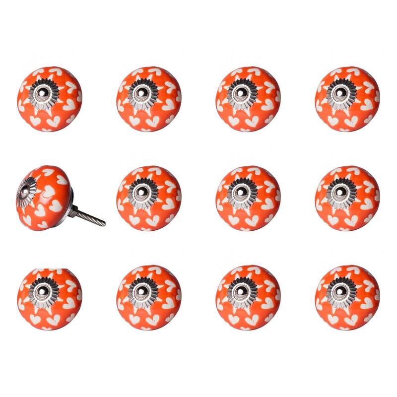 Set of 12 Hand-Painted Orange, White & Silver Floral Ceramic Cabinet Knobs - 1.5" x 1.5" x 1.5"