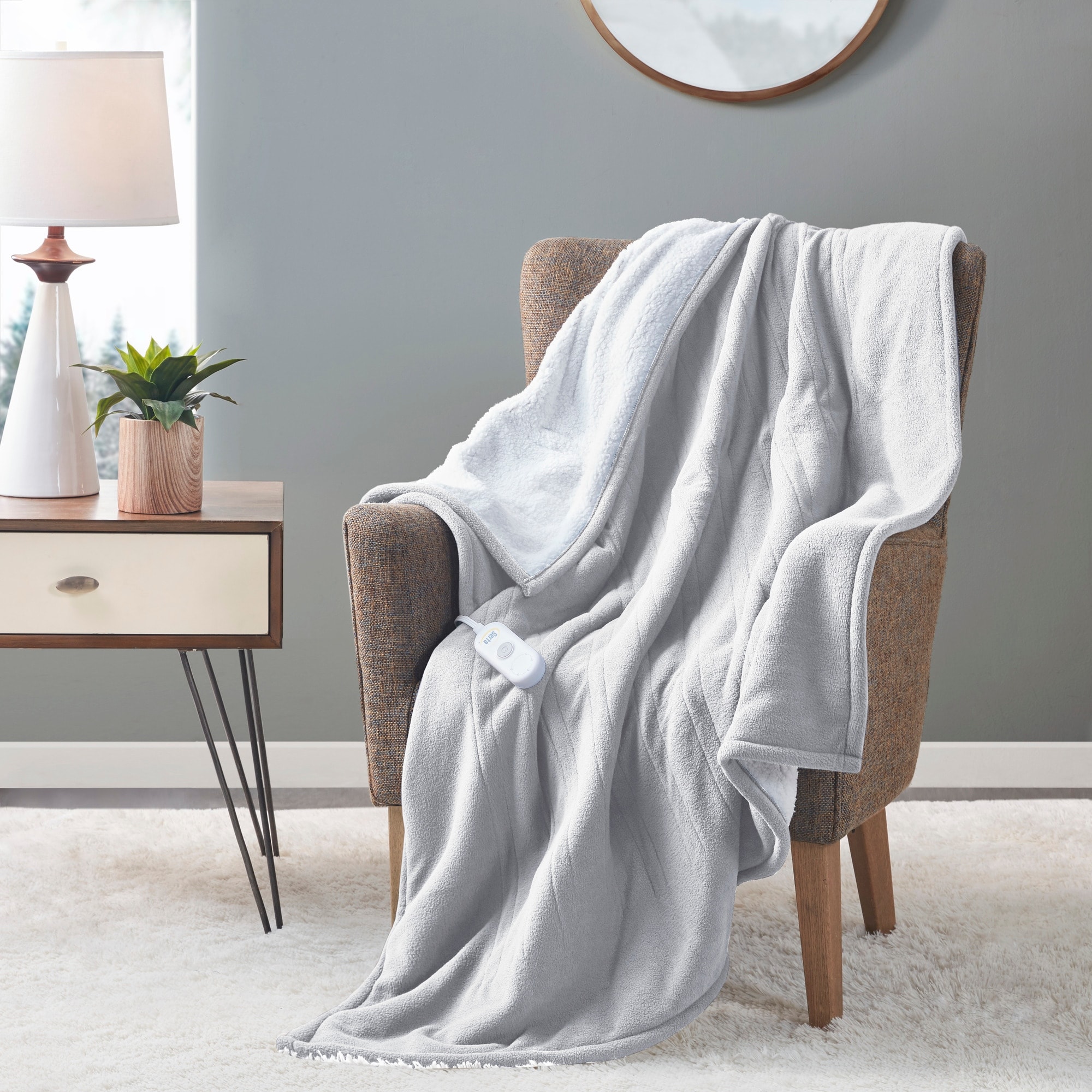 Serta Fleece To Sherpa Heated Throw In Light Grey