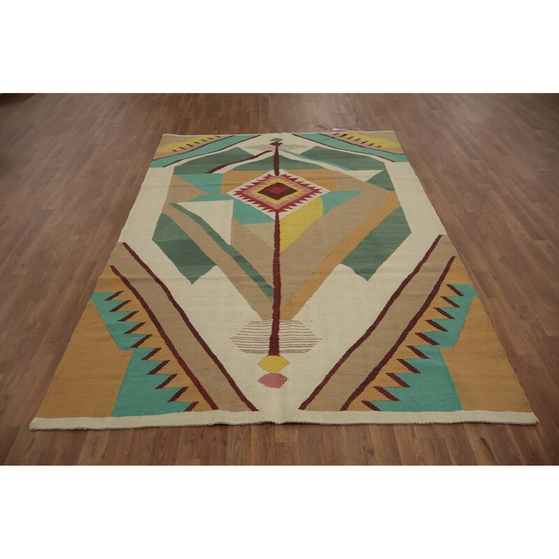 Hand Woven Oriental 100% Wool Carpet Southwestern Tribal Multi-Colored Kilim Area Rug - 8' 8'' X 6' 0''