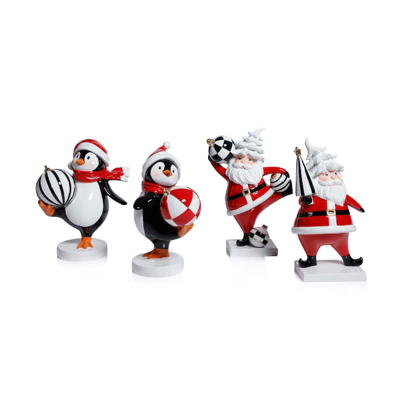 Festive Four Santa & Penguin Figurines, Set of 4, Holiday Decoration, 7" Tall - Red, White, Black