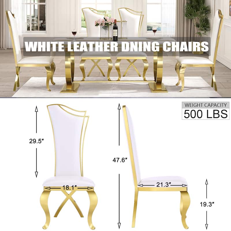 White Tufted Dining Chairs with PU Leather Upholstered and Polished Gold Legs
