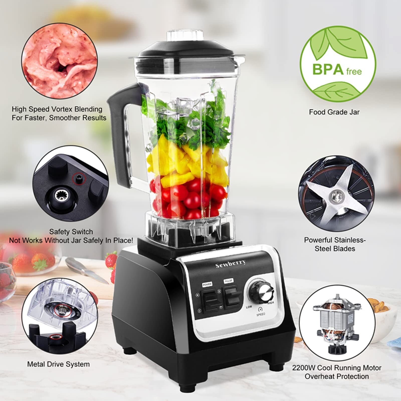 Professional Countertop Blender for home and commercial use, 2200W