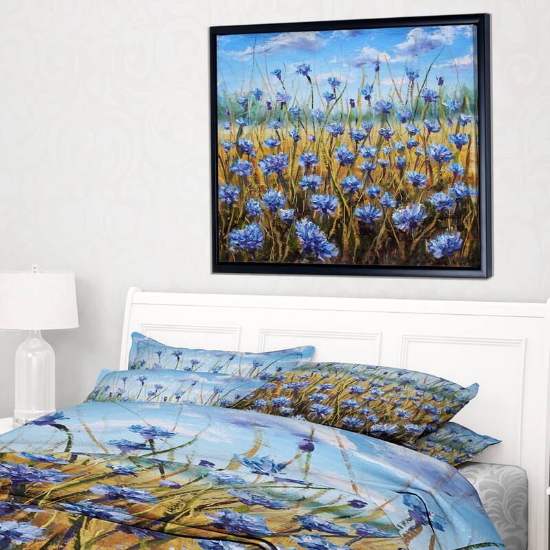 Designart "Blue Flowers in Meadow " Floral Framed Canvas