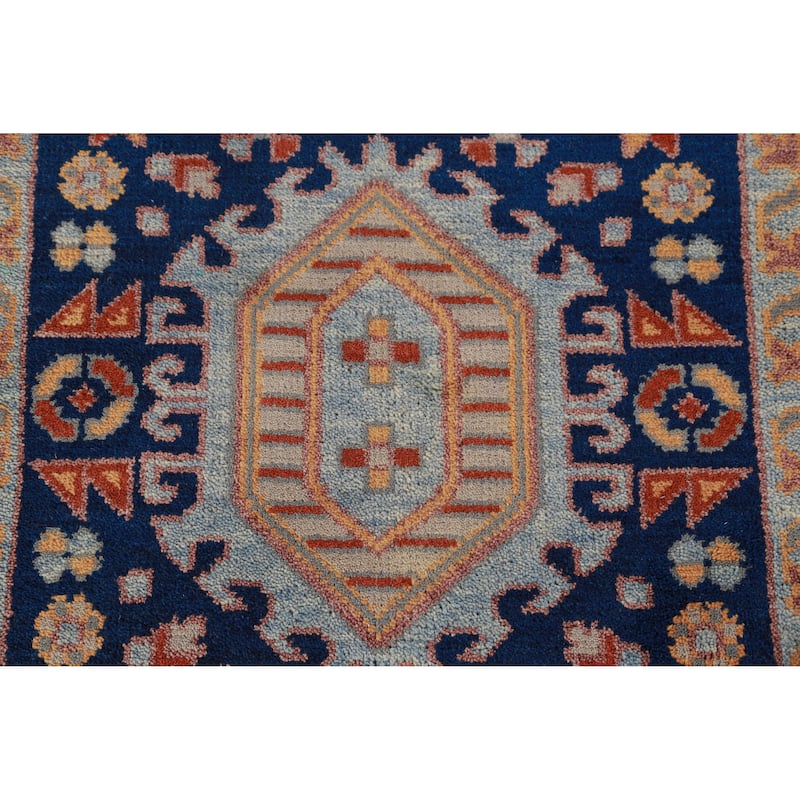 Hand Knotted Oriental 100% Wool Carpet Traditional Geometric Navy Blue & Blues Kazak Runner Rug - 7' 9'' X 2' 7''