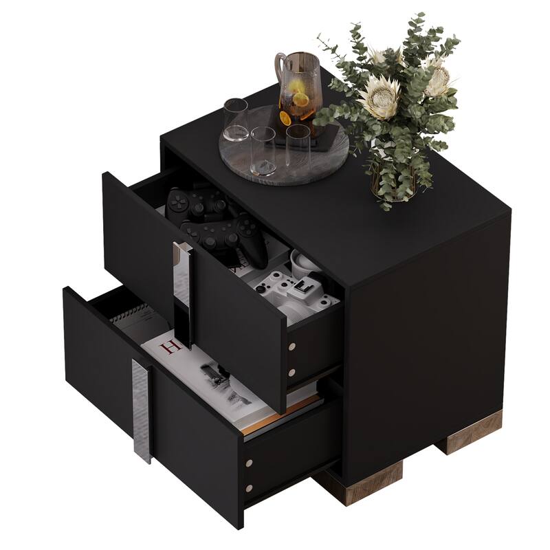 Modern End Table with Drawers, Elegant Nightstand with Metal Foot,Wood Bedside Table with Mirrored Metal Handles