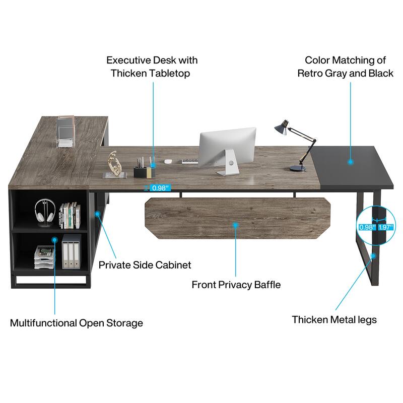 70.8-Inch Executive Desk with 55-Inch File Cabinet, Large L Shaped Computer Desk with Storage Cabinet and Shelves