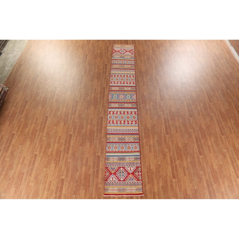Hand Knotted Oriental 100% Wool Carpet Traditional Geometric Multi-Colored Kazak Runner Rug - 16' 0'' X 2' 5''