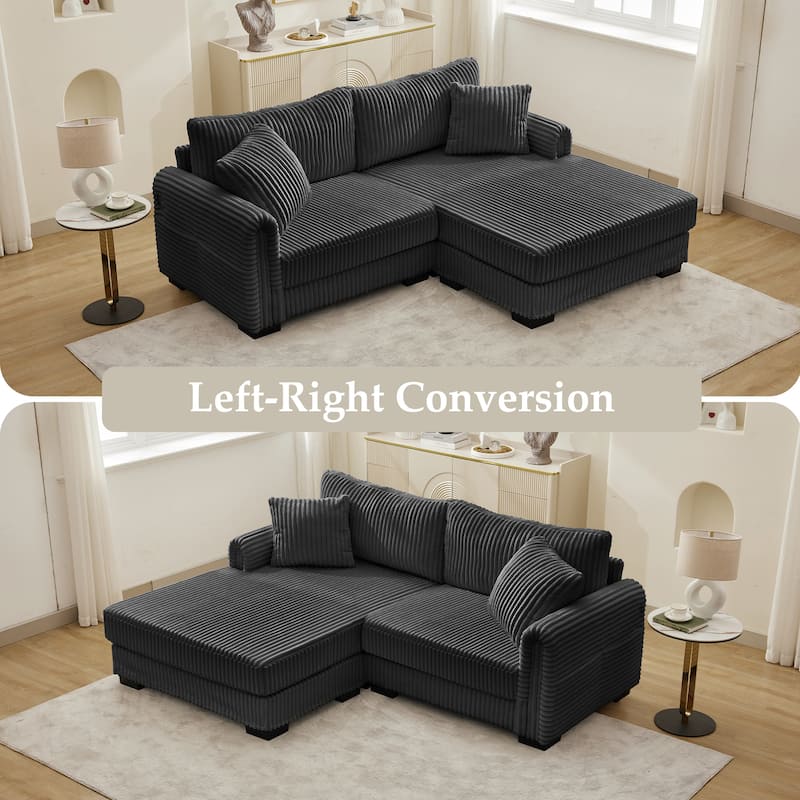 L-Shaped Sofa, 2 Seater Modular Sectional Sofa with Convertible Chaise, USB Ports, Corduroy Couch with Oversized Side Pocket