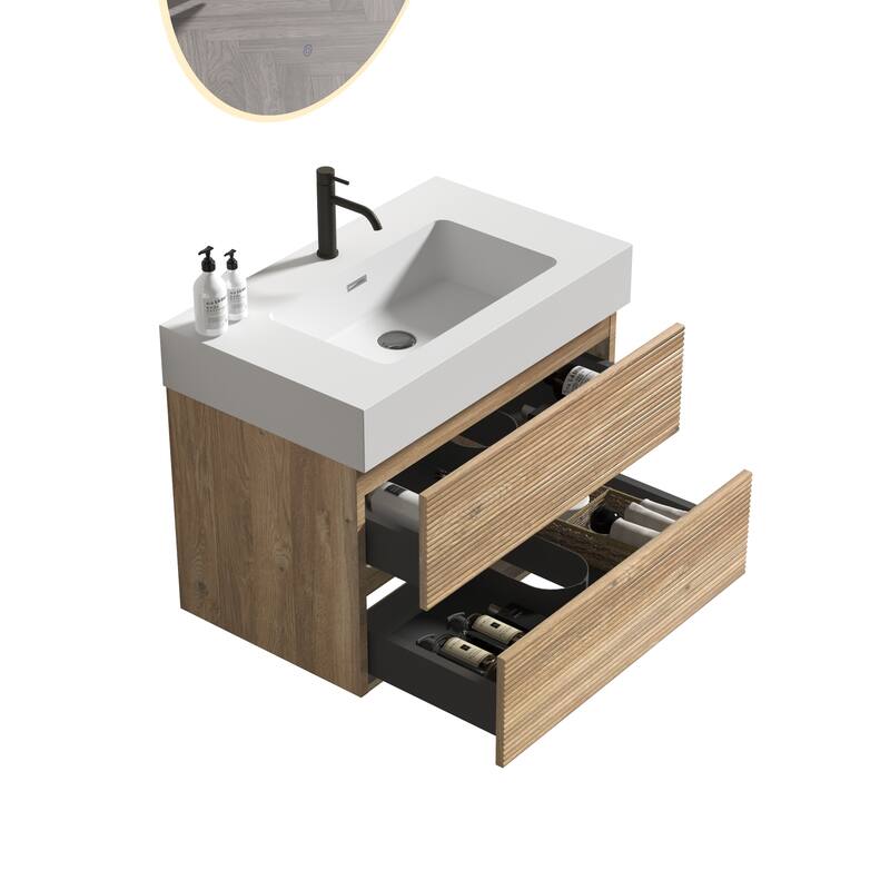 GDFStudio - Grace Wall-Mounted Bathroom Vanity with Engineered Quartz Sink & Soft Close Drawers, without Drainage and Faucet