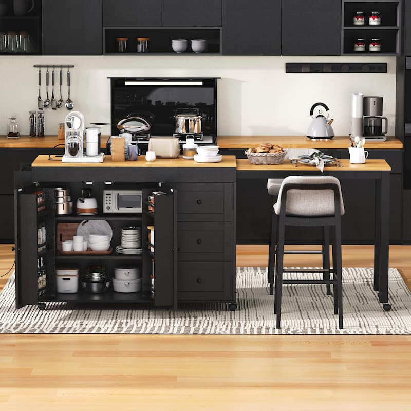 Kitchen Island with Extendable Dining Table, Kitchen Storage Cart with 3 Drawers, Power Outlet