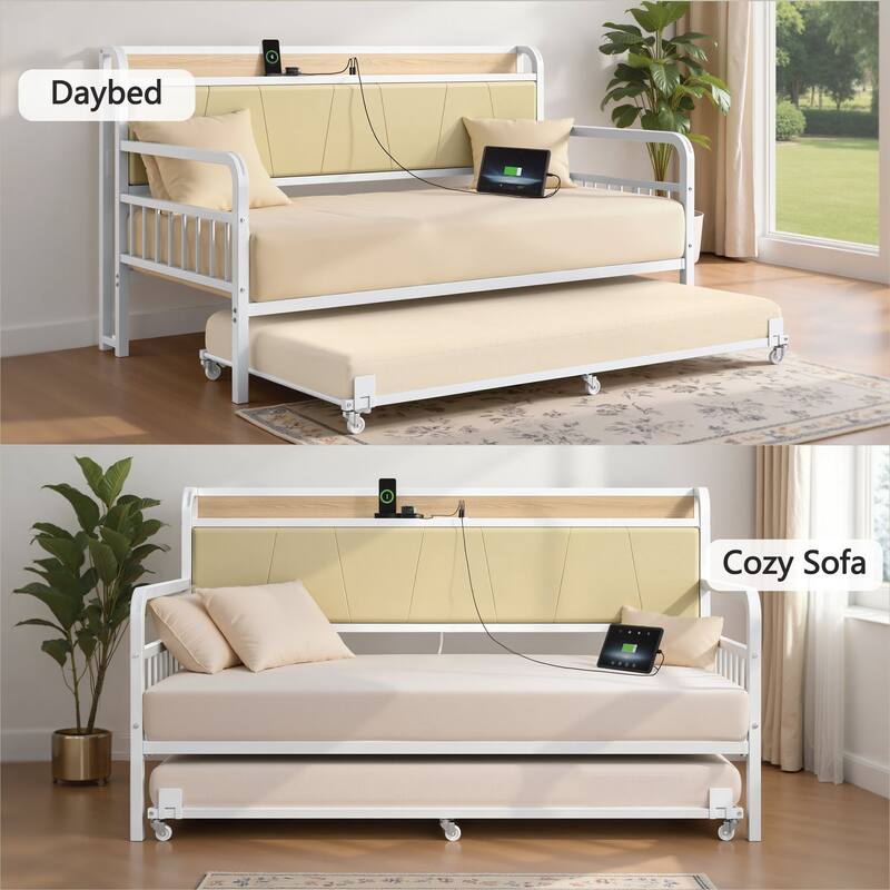 Javlergo White Modern Daybed with Trundle PU Leather Wood Headboard featuring AC USB Outlets for Living Room Bedroom Guest Room
