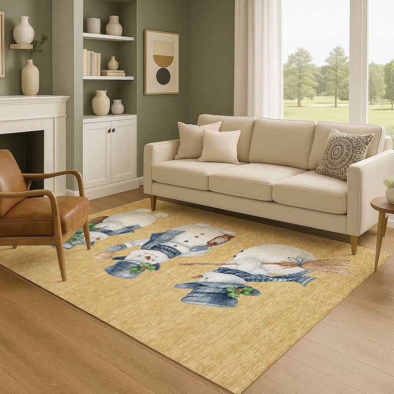 Premium Washable Super Soft Winter Holiday Snowman Mayfield Rug - Gold - 9' x 12'