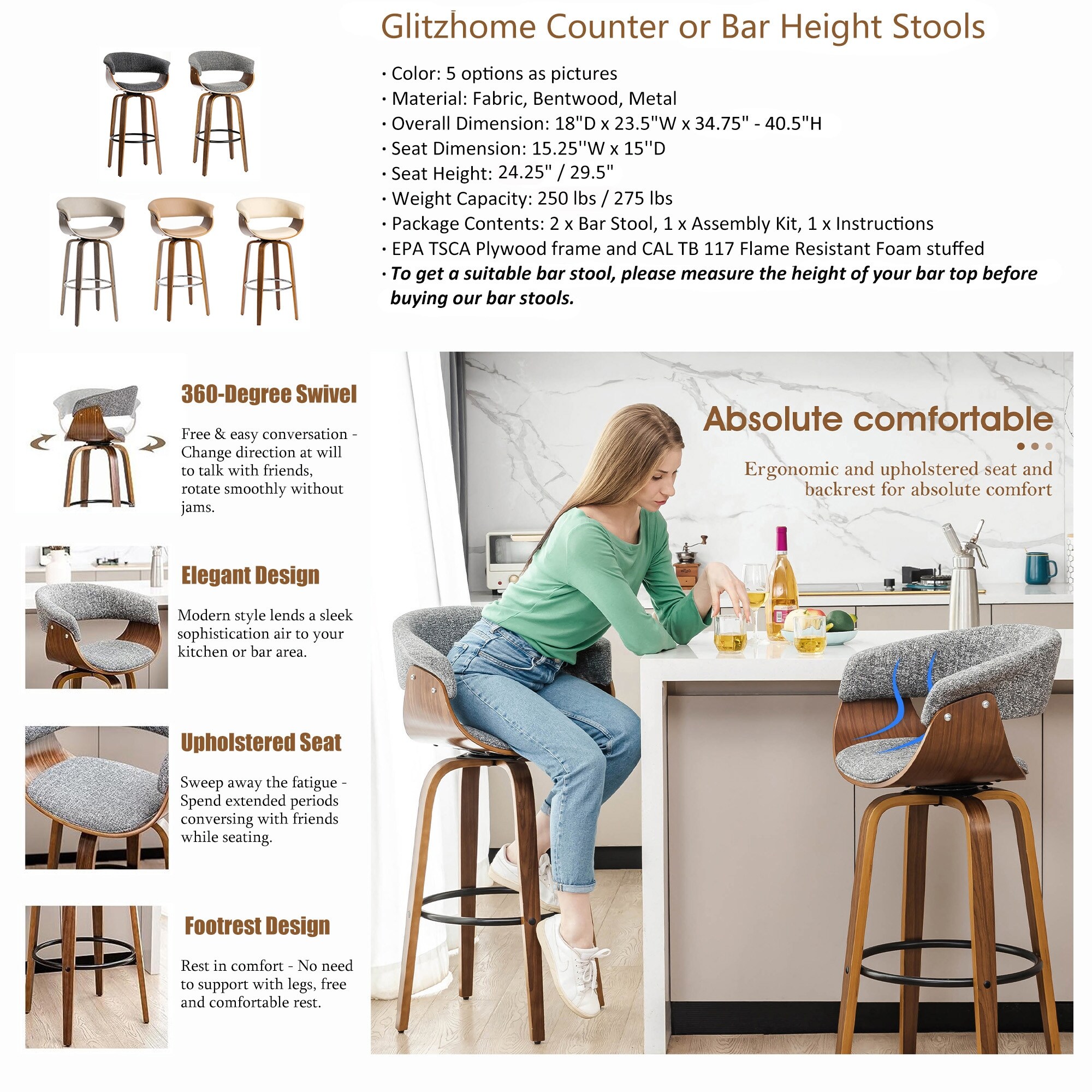 Glitzhome Set of 2 or 4 Modern Counter Bar Height Wooden Swivel Bar Stools On Sale Bed Bath Beyond 31410080