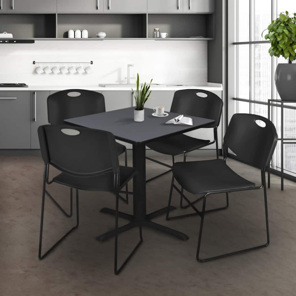 42 in. Square Breakroom Table- Grey & 4 Stack Chairs- Black