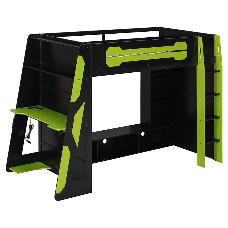 Esports Twin Loft Bed with Desk, Multi-storage Shelves and Light Strip