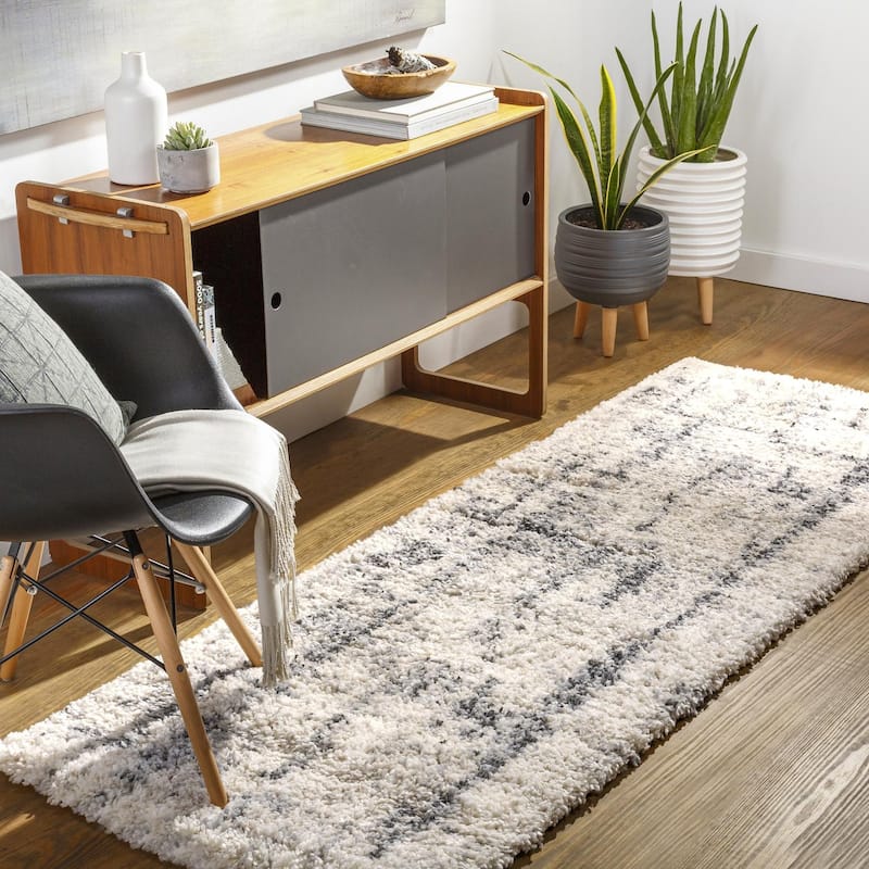 Livabliss Modern & Contemporary Eskimo Shag Abstract Area Rug - 2'7" x 7'3" - Cream/Black