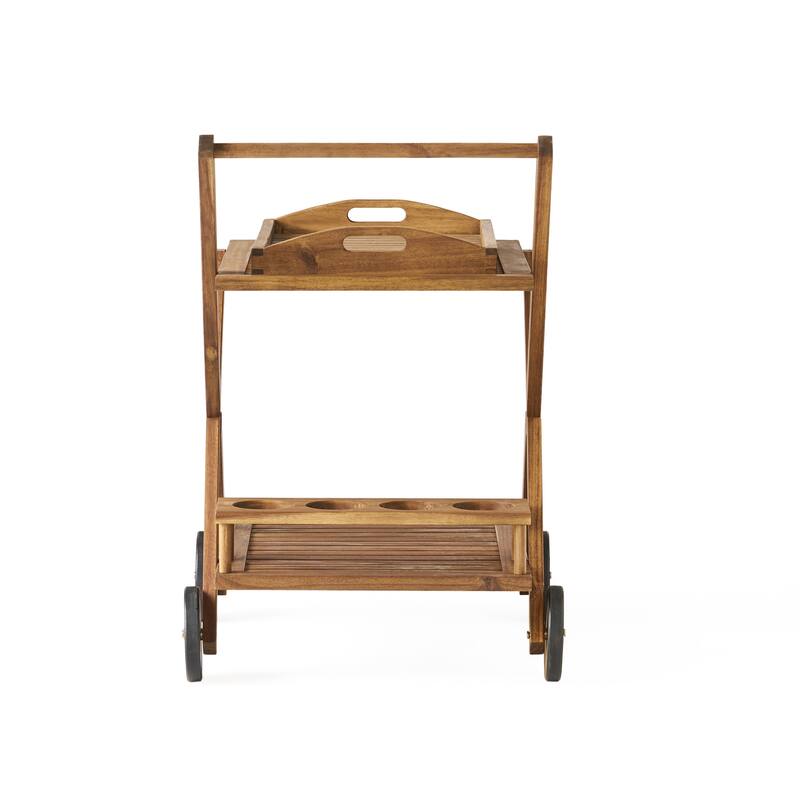Roomfitters Outdoor Wooden Rolling Bar Cart with Bottle Holders, Serving Trolley with Two-Tier Storage, Natural Wood