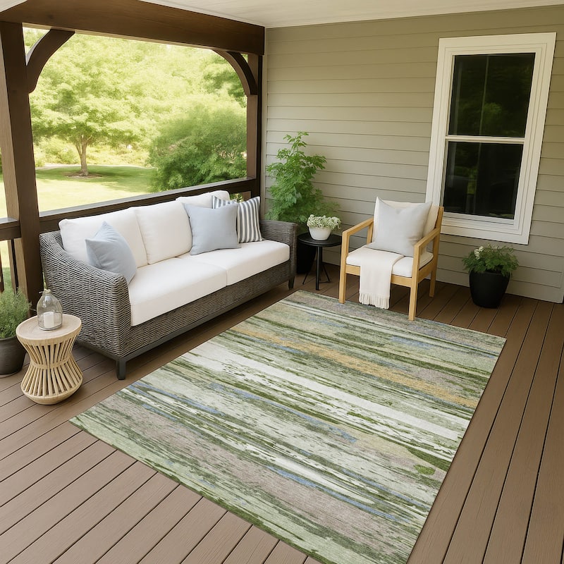 Machine Washable Indoor/ Outdoor Abstract Stripes Chantille Rug - Aloe - 10' x 14'