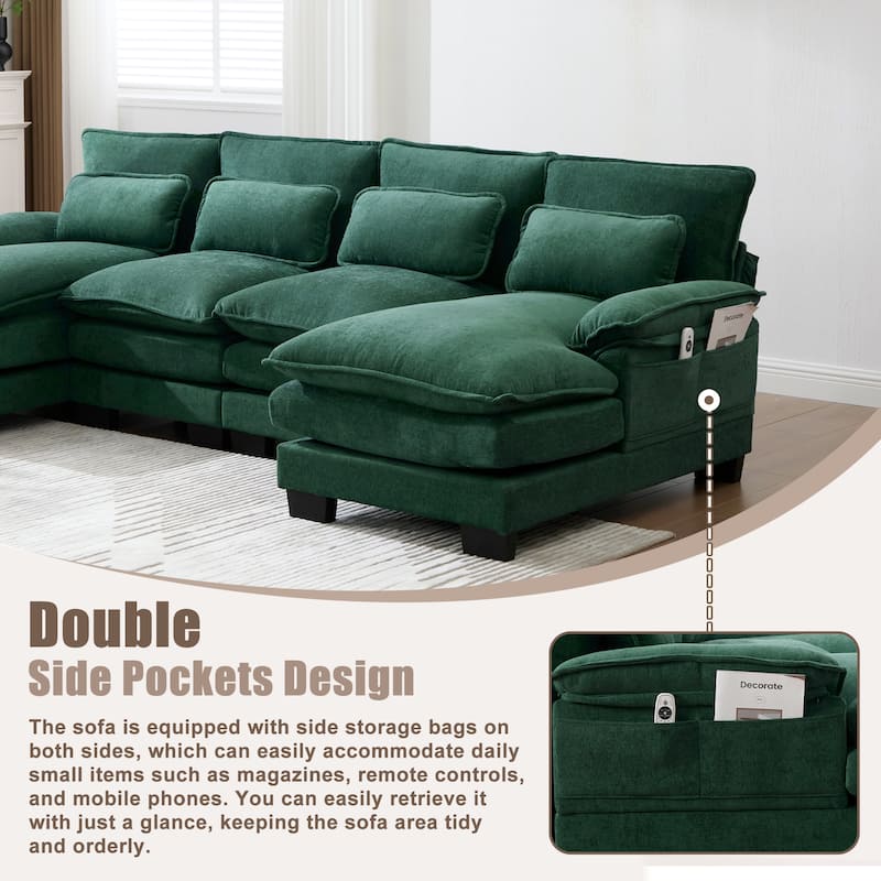 HOMEFUN Chenille Upholstered U-Shaped Modular Wood Frame Sleeper Sectional Sofa with Double Chaise