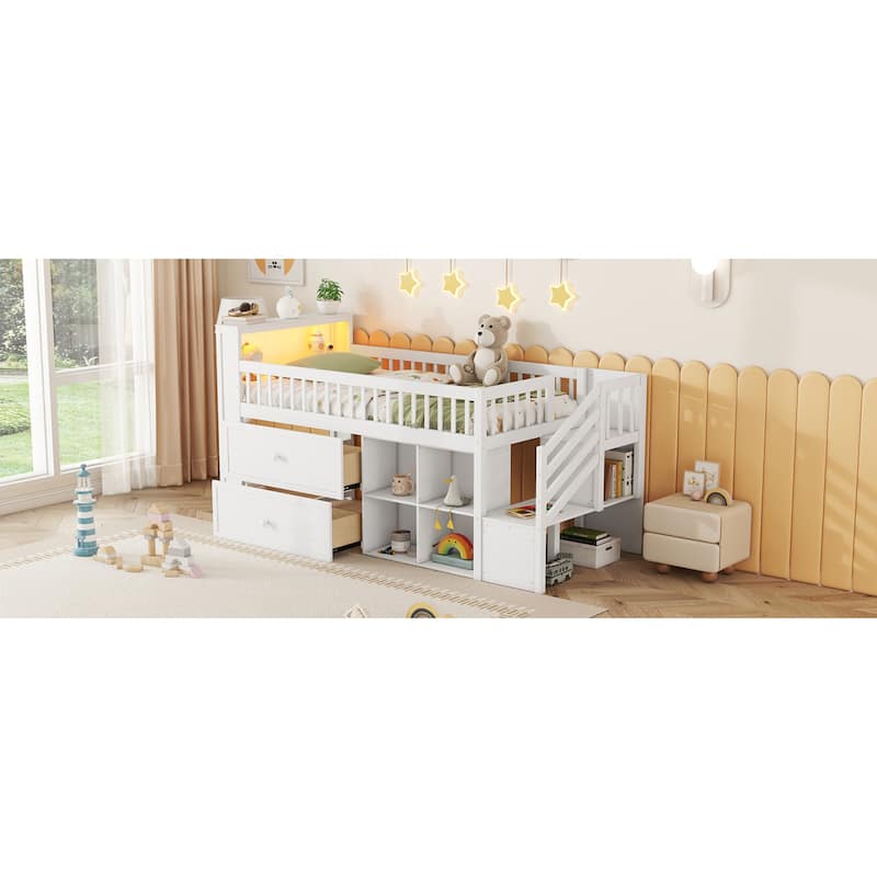 Roomfitters Twin Low Loft Platform Bed, LED Bookshelf and Storage Drawers with Wooden Frame for Bedroom or Guest Room, White