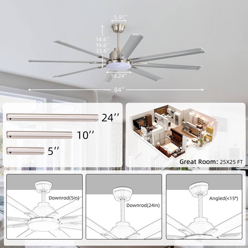 84-Inch DC Motor Ceiling Fan with Dimmable Light and 8-Blade Aluminum Silver Blades - Nickel