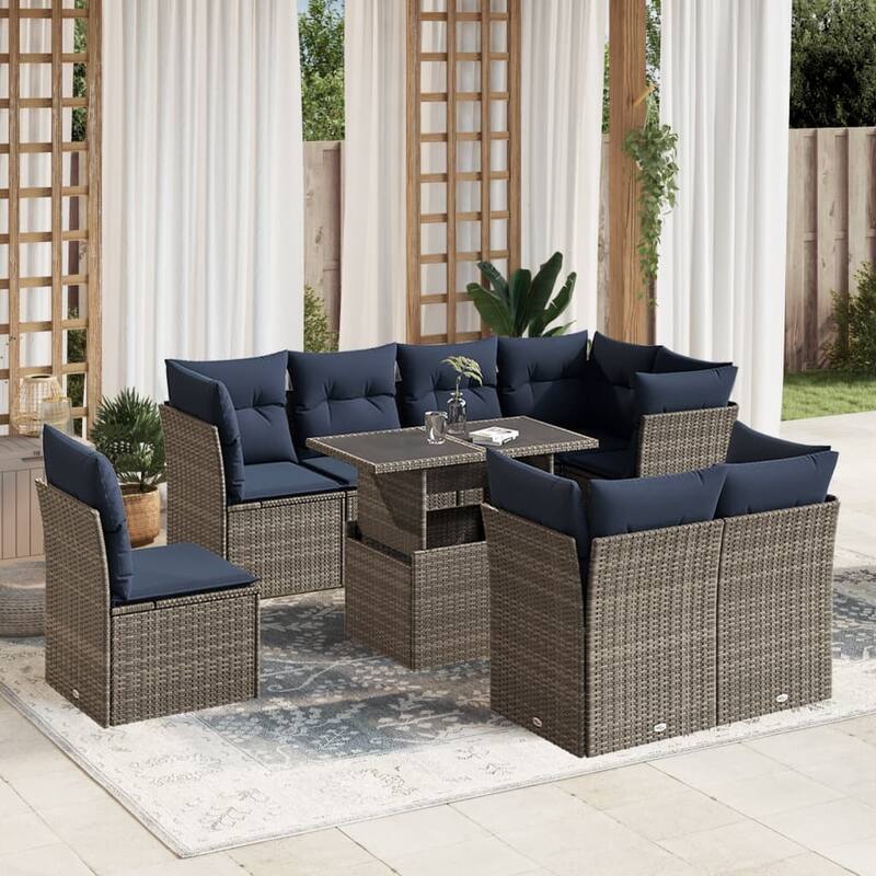 vidaXL Patio Sofa Set with Cushions Modular Outdoor Seating 9 Piece Poly Rattan - 24.4 x 24.4 x 27.2 - Gray without storage