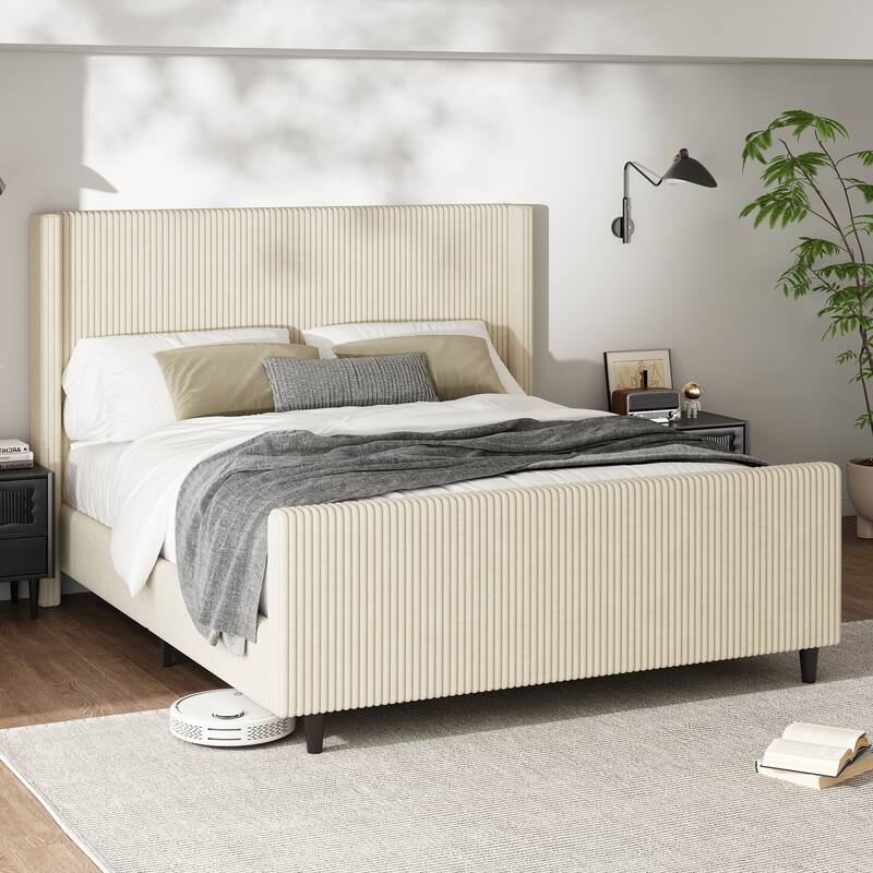 50.7" tall Corduroy upholstered bed frame with vertical textured wingback headboard