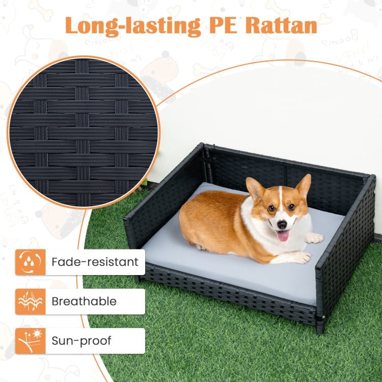 Rattan Dog Bed with Waterproof Soft Cushion for Medium Small Dogs Cats - 24.5" x 18" x 10" (L x W x H)